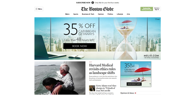 Screenshot of The Boston Globe homepage with an advertisement for 35% off Caribbean getaways, and an article about Harvard Medical revisiting ethics rules.