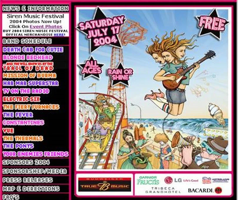 Colorful poster advertising the Siren Music Festival on Saturday, July 17, 2004, featuring a seaside amusement park scene. In the sky, a girl with flowing hair strums a guitar, while an amusement park ride with a cartoonish animal figure and a roller