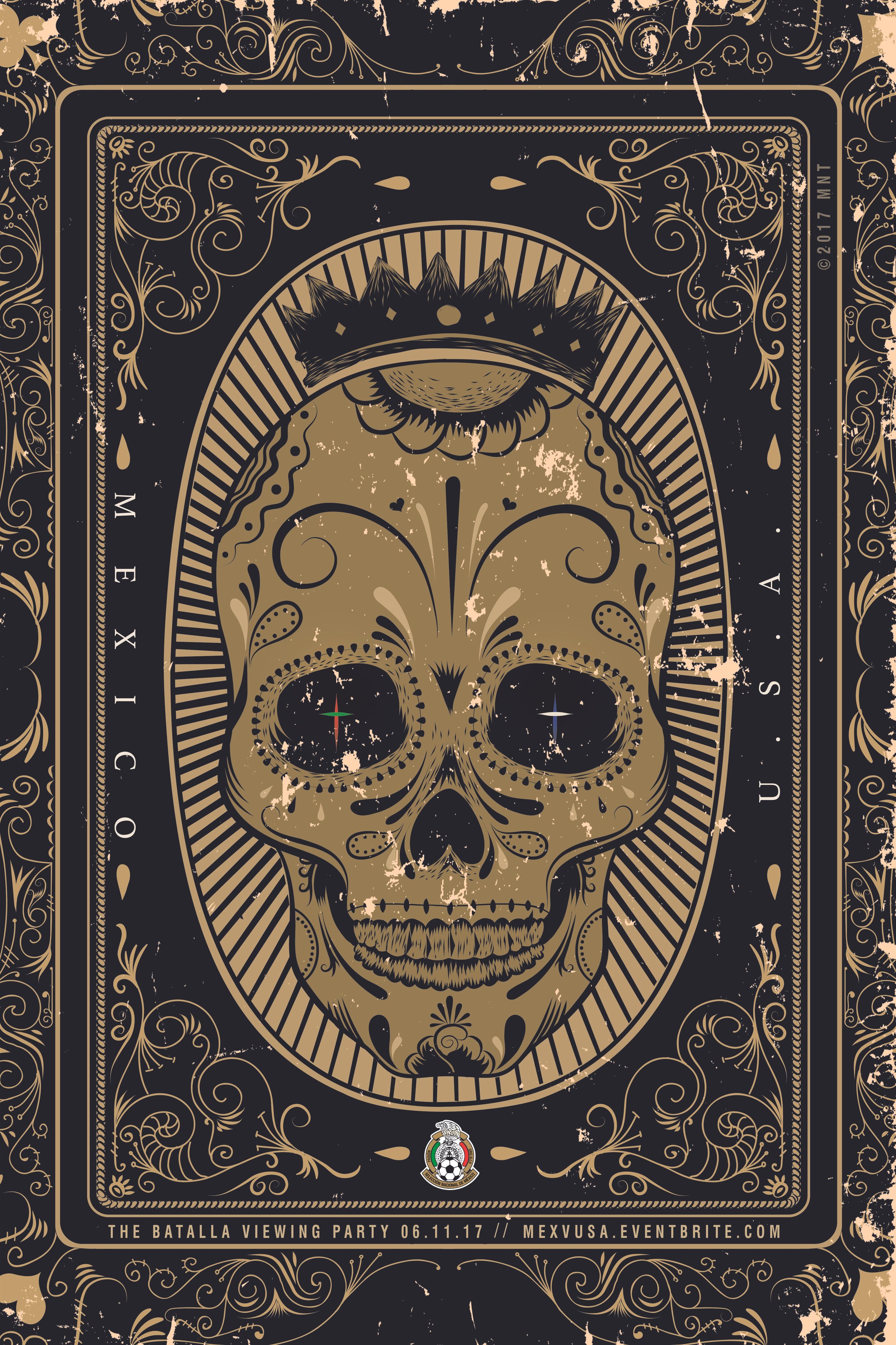 A decorative event ticket design featuring a large skull with floral and tribal patterns, a crown on top, a textured background, and intricate gold scrollwork around the border. The text on the ticket reads 'The Batalla Viewing Party 06.11.17 // MEXV