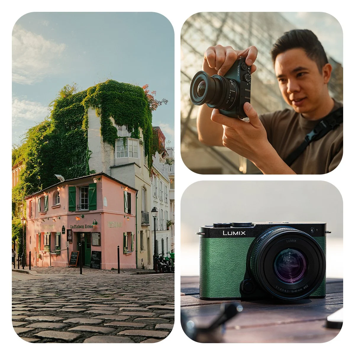 Collage of three photos: a green ivy-covered building on a cobblestone street, a man holding a camera and looking at the screen, and a green Lumix camera on a wooden surface.