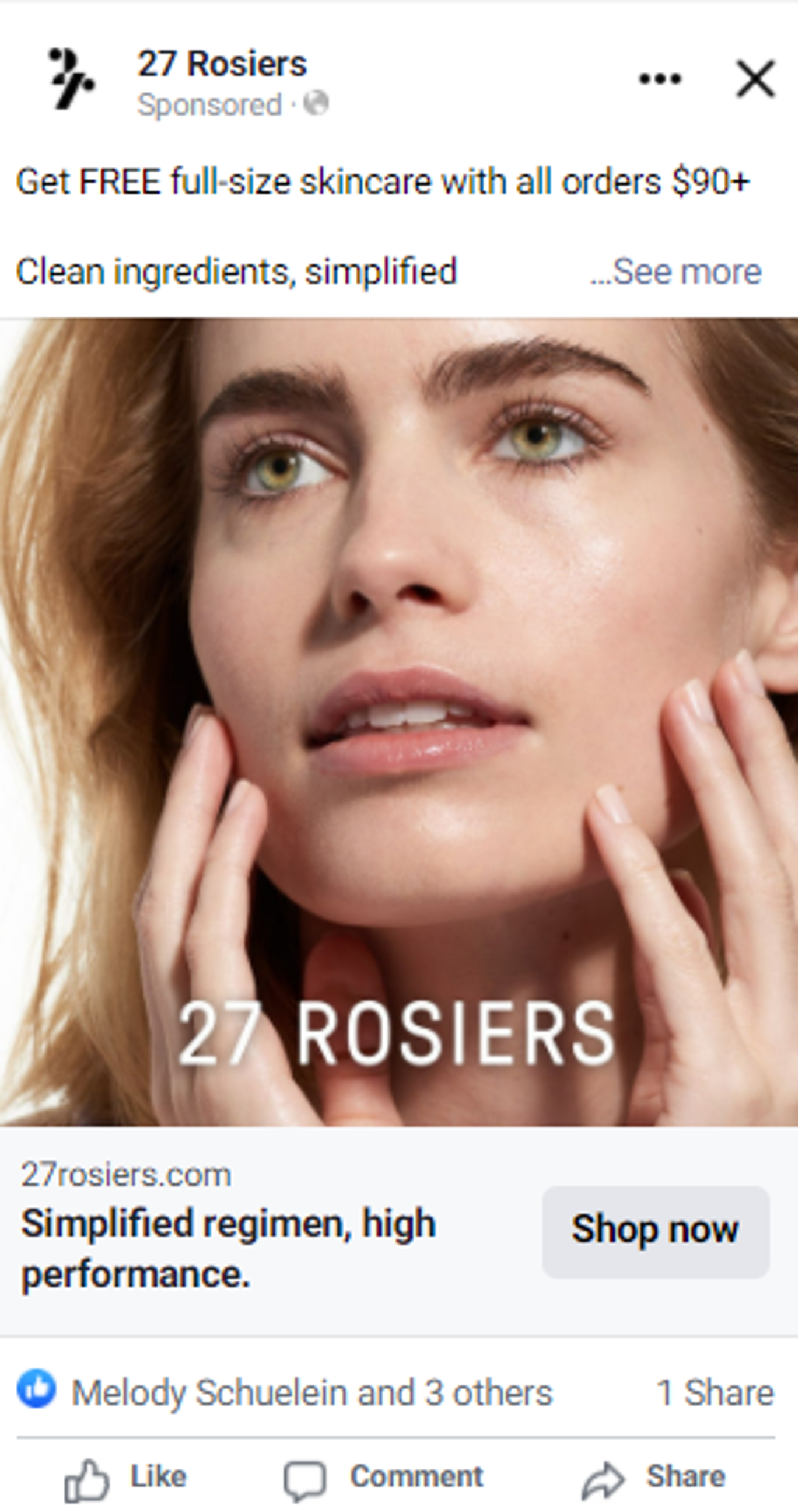 Close-up of a woman with fair skin and blonde hair touching her face, promoting skincare products from 27 Rosiers.