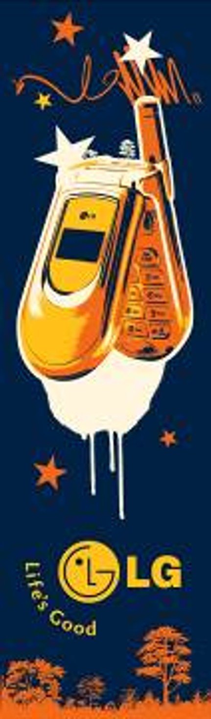 An illustration of a cocktail glass shaped like a phone, with a Retro LG phone inside, various stars, and the LG logo with the slogan "Life's Good" at the bottom. The background is dark blue with orange trees at the bottom.