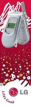 LG flip phone with a green screen display and a keypad, placed on a colorful background with the slogan "Life's Good."