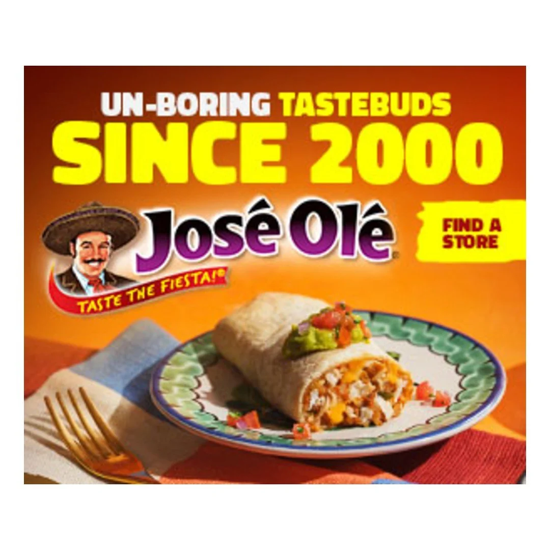 Image of a Mexican food burrito with a bite taken out, served on a decorative plate, with colorful text promoting Josée Olé since 2000, and a picture of a man wearing a sombrero with the slogan 'Taste the Fiesta!'