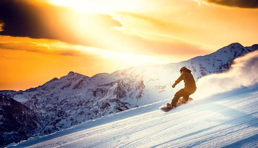 Skier in brown jacket and pants skiing downhill on snowy mountain slope during sunset or sunrise with mountains in background.