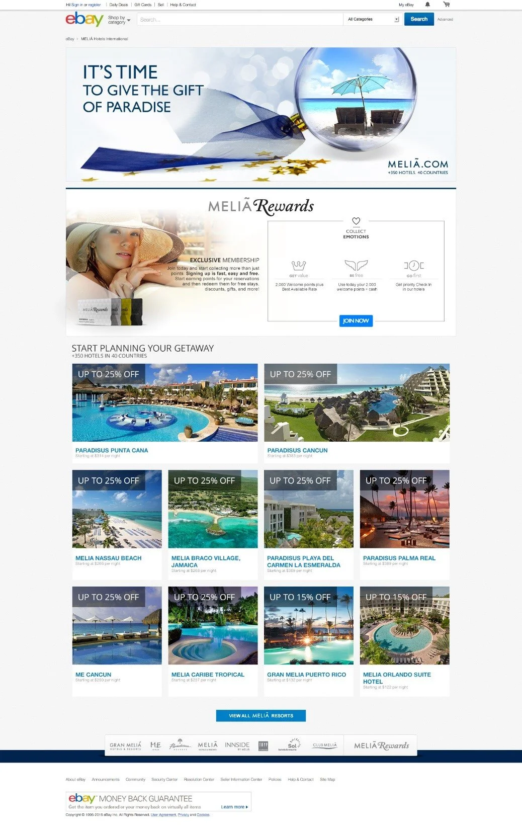 Ebay promotional webpage showcasing travel deals and discounts at various resorts and hotels in Mexico, Caribbean, and Puerto Rico.