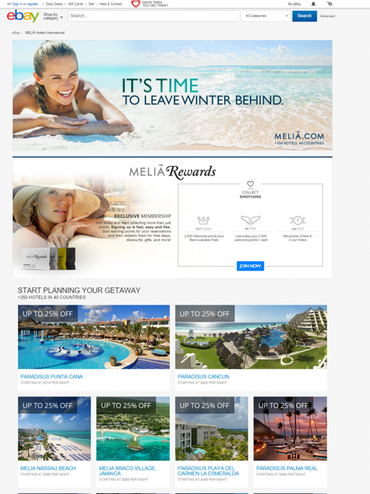 Screenshot of eBay homepage featuring a beach scene with smiling woman, promotional banners for Melia Hotels, and various hotel listings with discounts for summer travel.