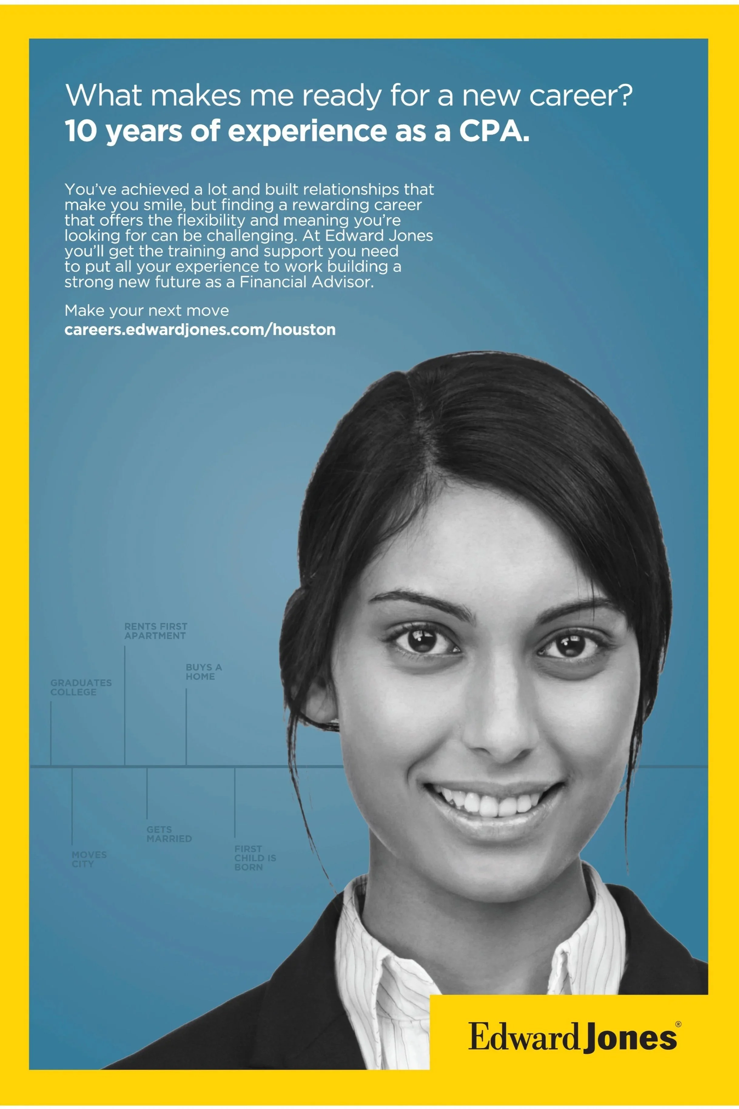A promotional advertisement for Edward Jones featuring a smiling woman in a business suit with a blue background and yellow border. The ad highlights 10 years of experience as a CPA and encourages careers in financial advising.