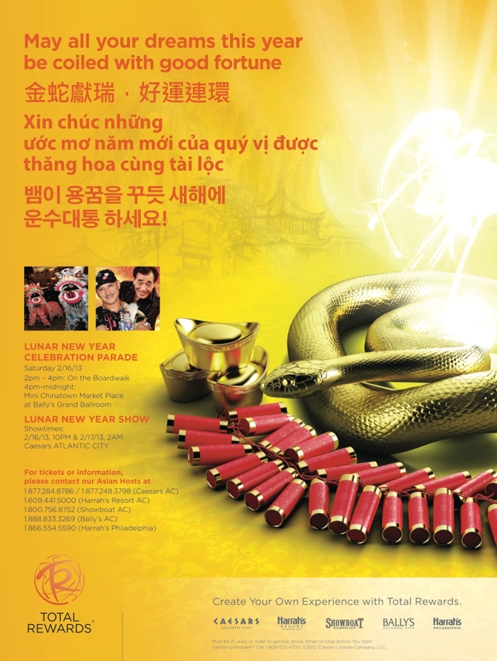Celebration poster for Lunar New Year featuring a golden snake, firecrackers, and pictures of lion dance performers, with Chinese, Vietnamese, Korean, and English wishes for good fortune.
