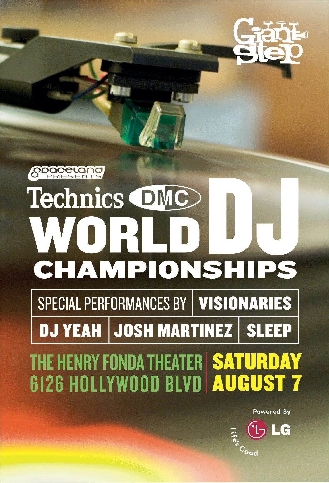 Flyer for the World DJ Championships with a close-up of a turntable's stylus and record. Details include event date August 7, location at The Henry Fonda Theater, featuring special performances by DJ Yeah, Josh Martinez, and Sleep, powered by LG.