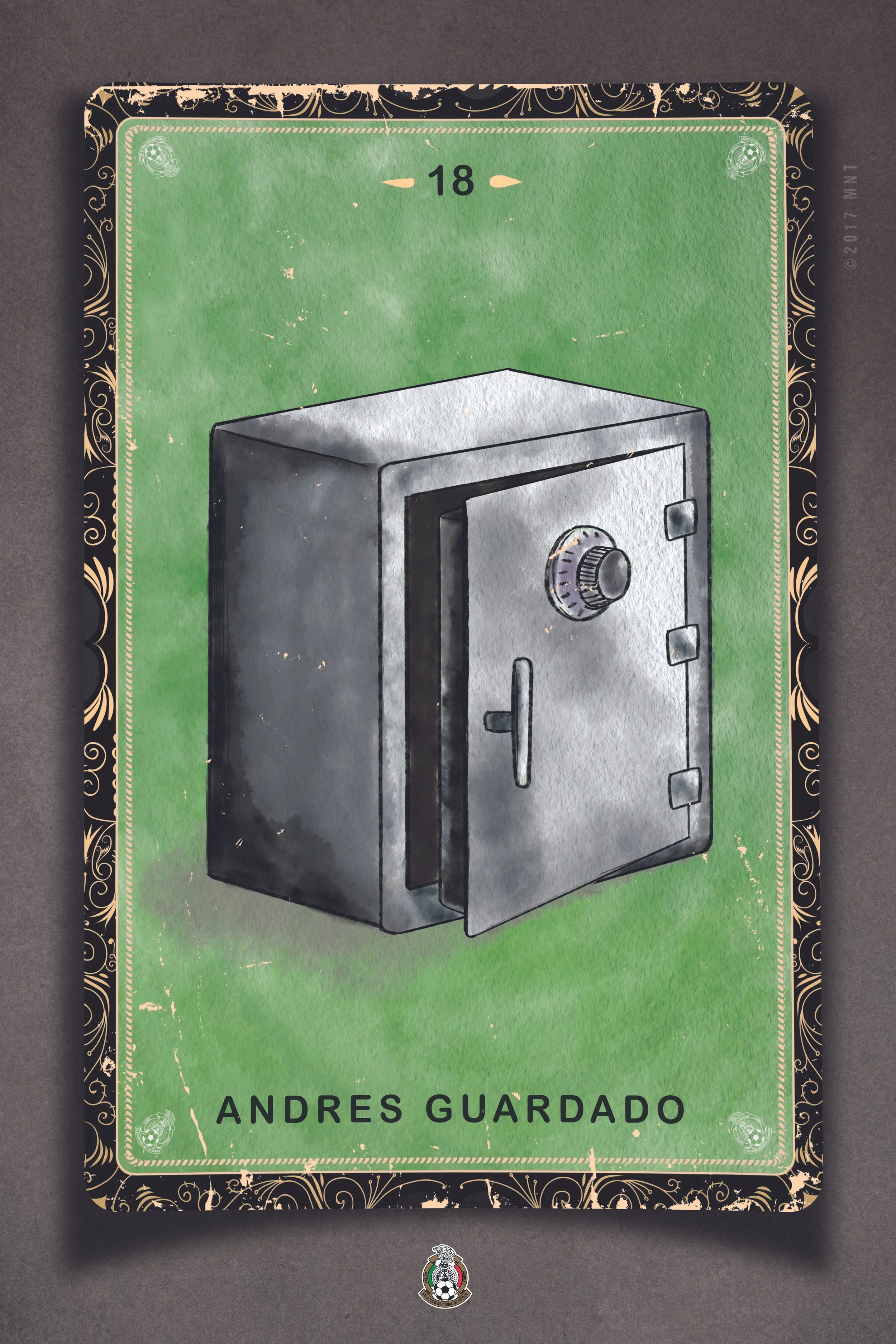 A drawing of a gray safe with a combination lock on a green background, framed with intricate gold and black borders, and the name Andrés Guardado at the bottom.