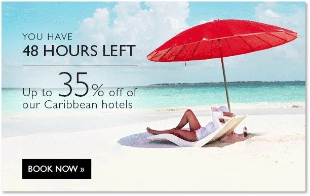 A woman relaxing on a lounge chair under a red beach umbrella on a sandy beach with the ocean in the background, promoting Caribbean hotel discounts with a message that says "You have 48 hours left" and "Up to 35% off".