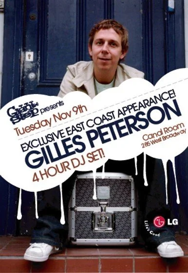 Poster promoting an appearance by Gilles Peterson on Tuesday, November 9th, at Candel Room on the East Coast, featuring a four-hour DJ set, with LG and Google logos at the bottom.