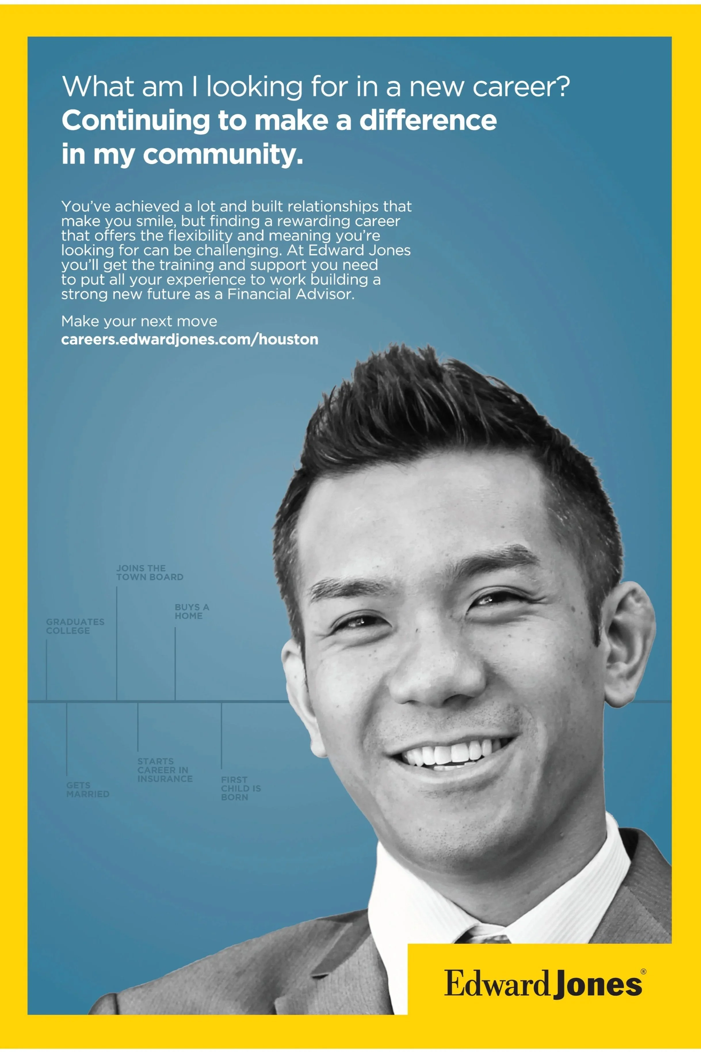 An advertisement featuring a smiling man in a suit with text encouraging career development at Edward Jones, with a timeline of life milestones in the background and the Edward Jones logo at the bottom right.