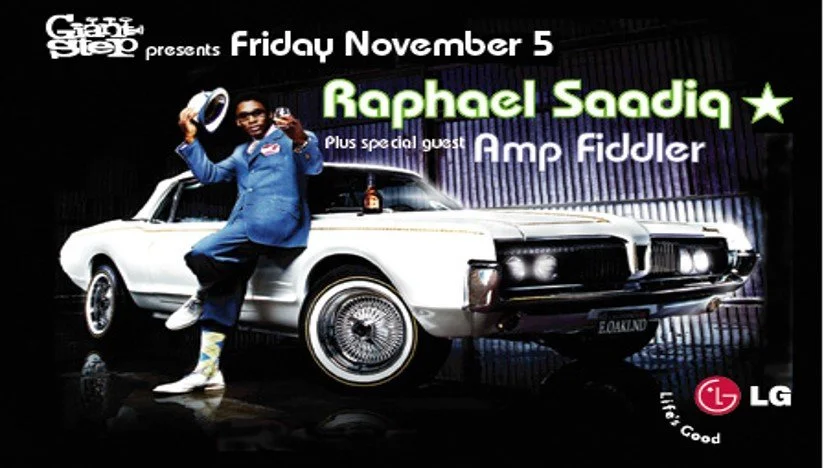 A promotional poster for a concert featuring Raphael Saadiq and Amp Fiddler, scheduled for Friday, November 5, with a man dressed in a blue suit and sunglasses leaning on a white classic car.