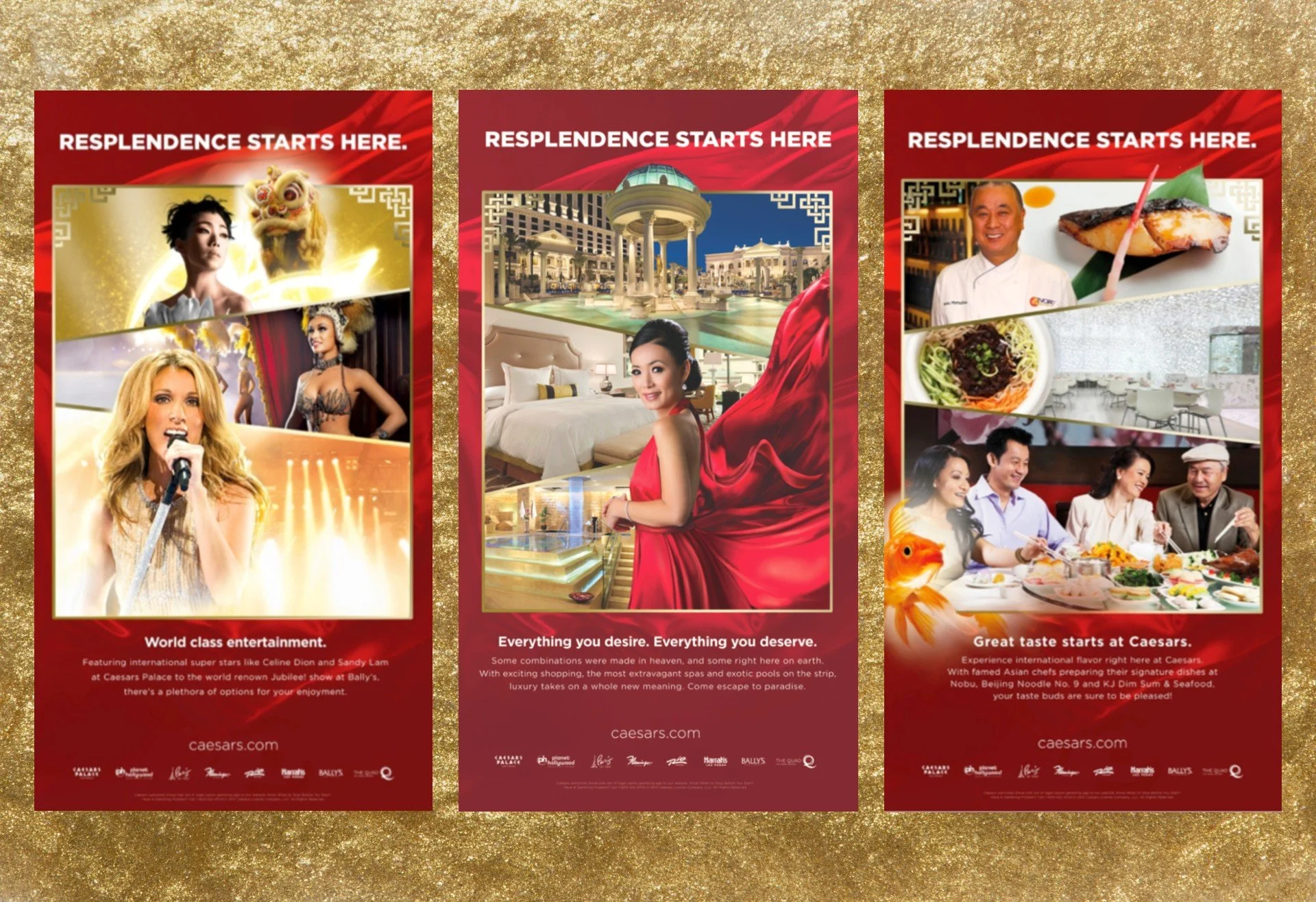 Three promotional posters for Caesars Palace showcasing entertainment, luxury hotel, and dining experiences with various celebrities and food images.