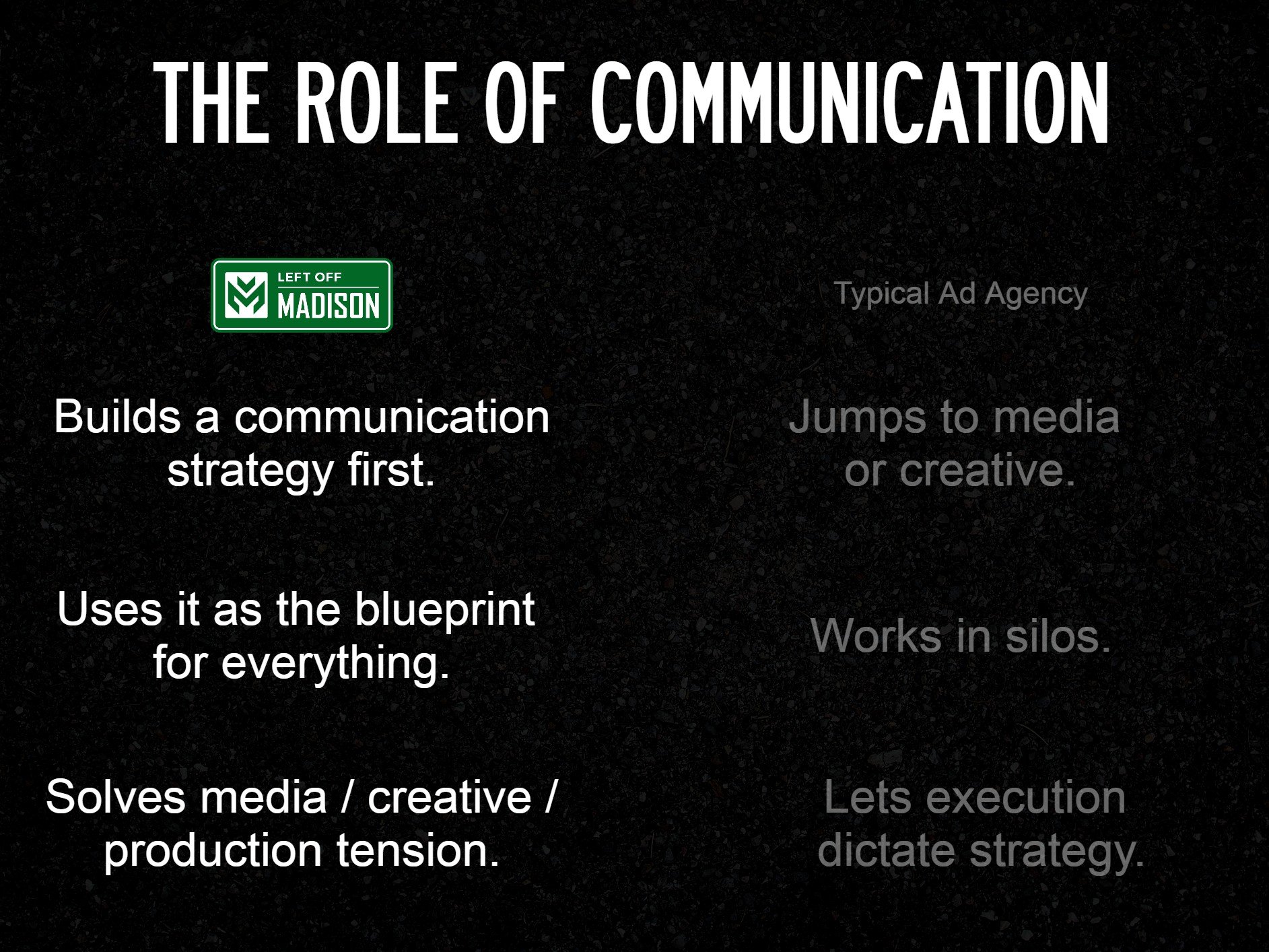 lEFT oFF mADISON Builds a communication strategy first Uses it as the blueprint for everything Solves media–creative–production tension