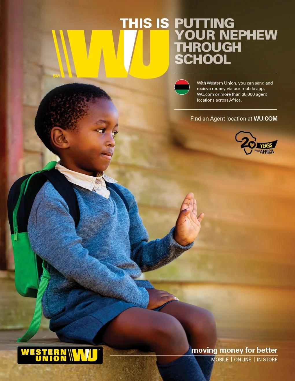 A young boy with a backpack sitting on a bench with his hand raised in a gesture, looking to the side. The image promotes Western Union's service for sending money through school networks in Africa.