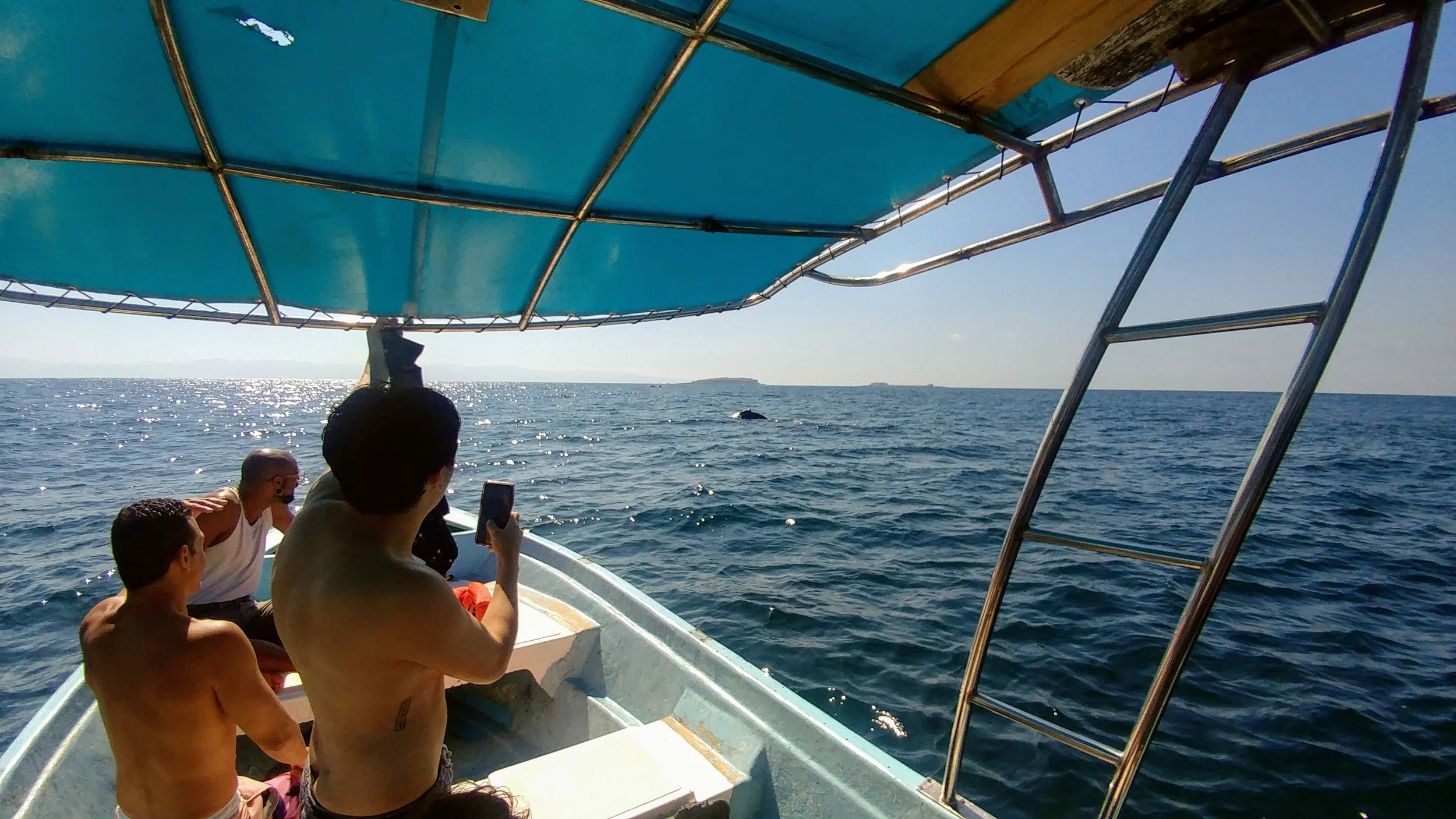 People on a boat, with three men shirtless, enjoying the ocean under a blue canopy, some taking photos of the distant waters and landscape.