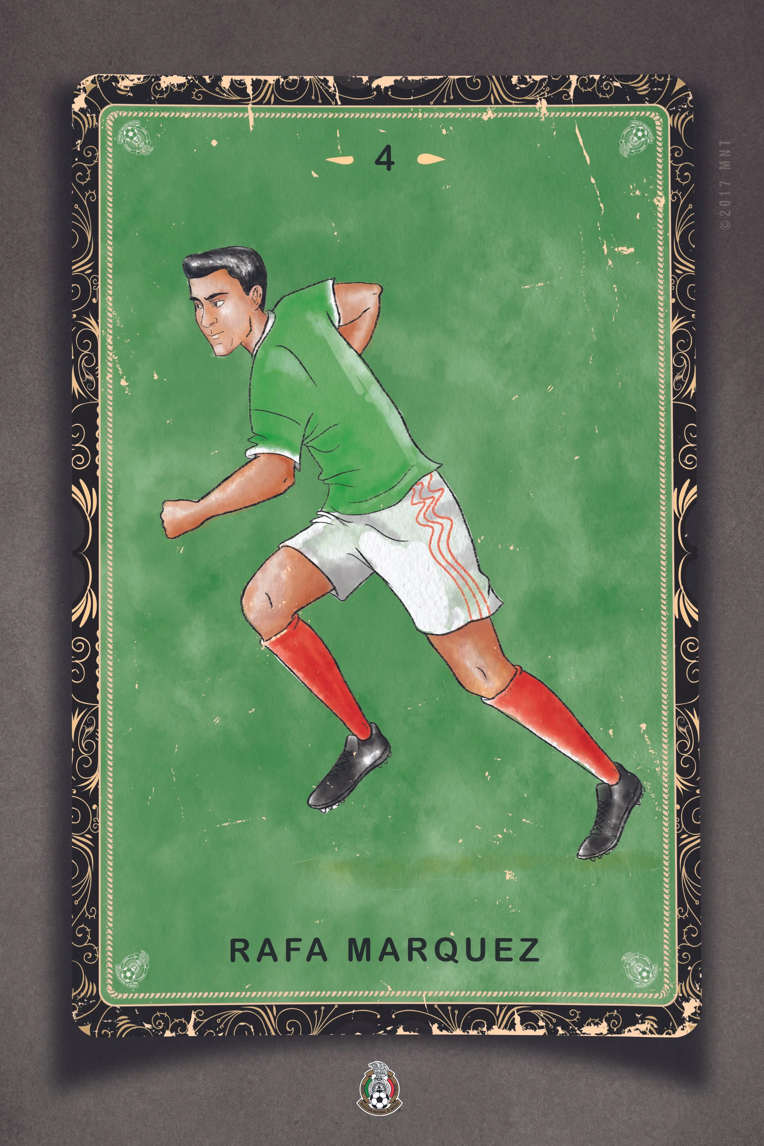 Illustration of a soccer player in a green jersey, white shorts, and red socks, running on a green field. The card is labeled with the number 4 and the name Rafa Marquez.
