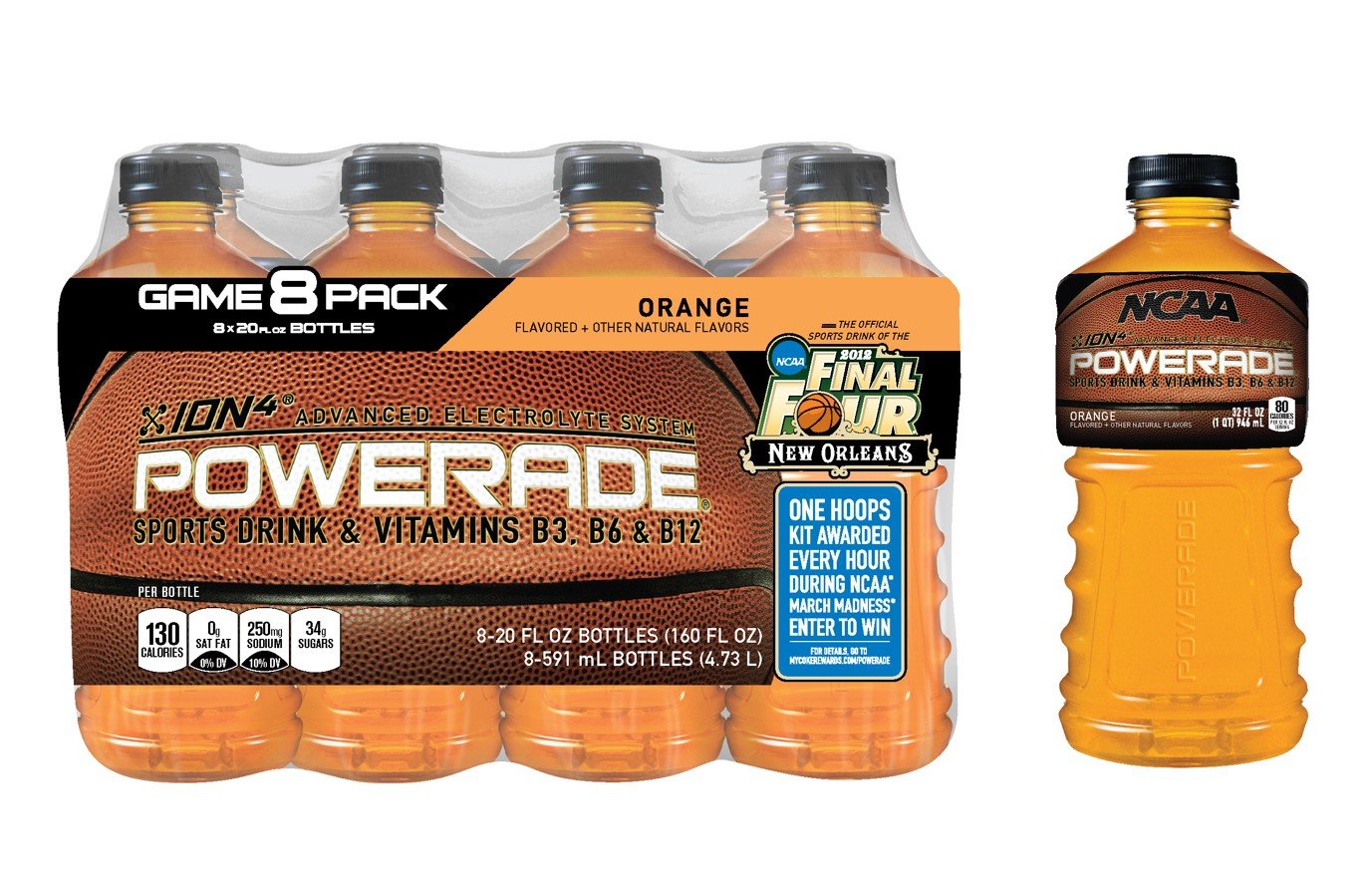 Eight bottles of Powerade sports drink in a pack with one separate bottle to the right, labeled orange flavor with electrolytes, vitamins B3, B6, B12, and NCAA Final Four branding.