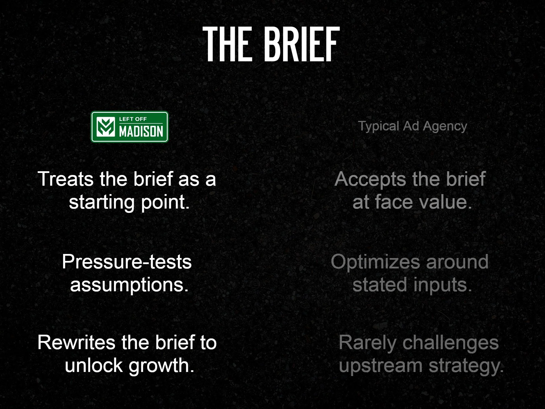Treats the brief as a starting point Pressure-tests assumptions Rewrites the brief to unlock growth