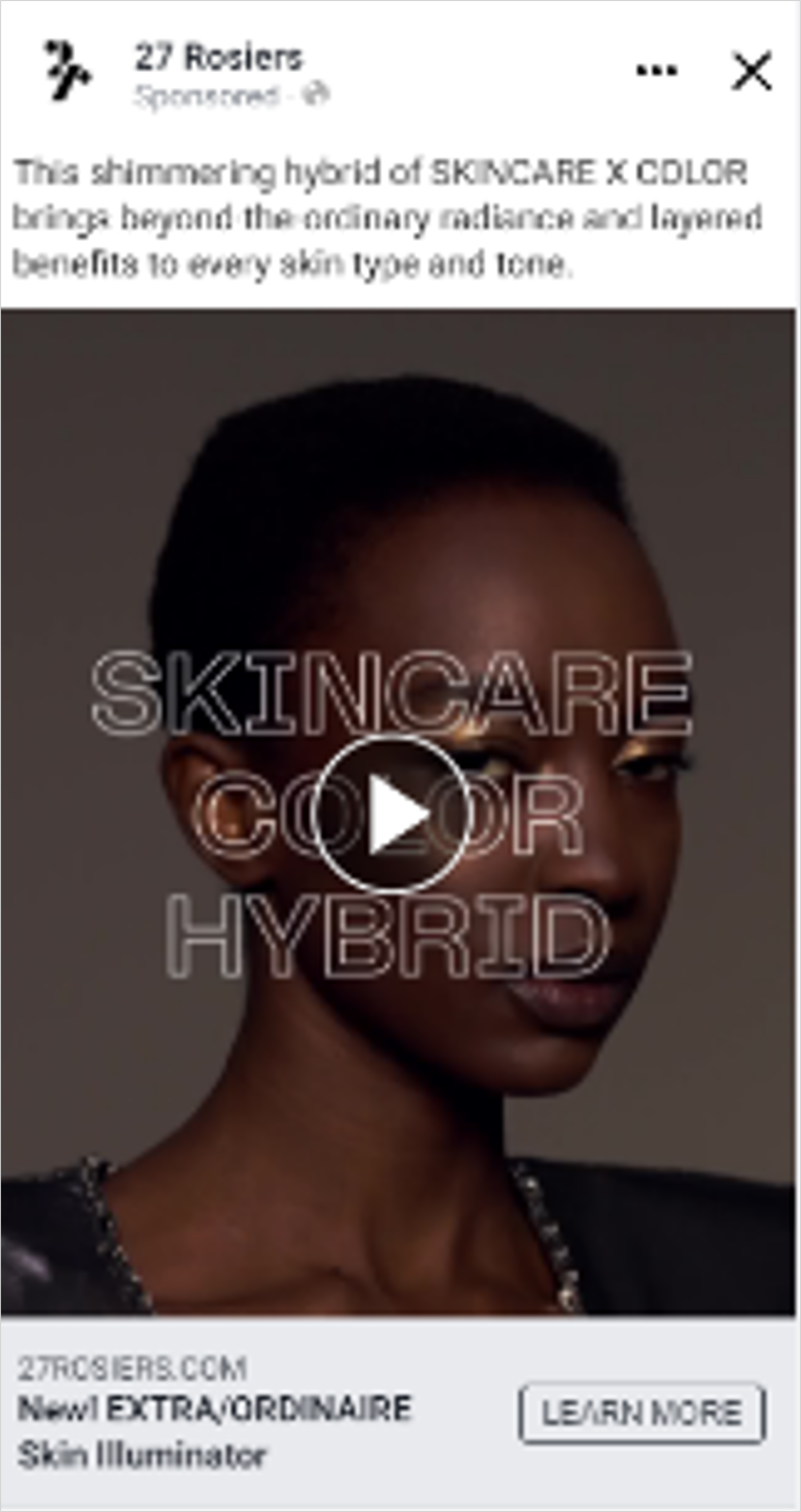 Advertisement for a skincare product called SkinCare Color Hybrid featuring a woman with short dark hair and glowing skin.