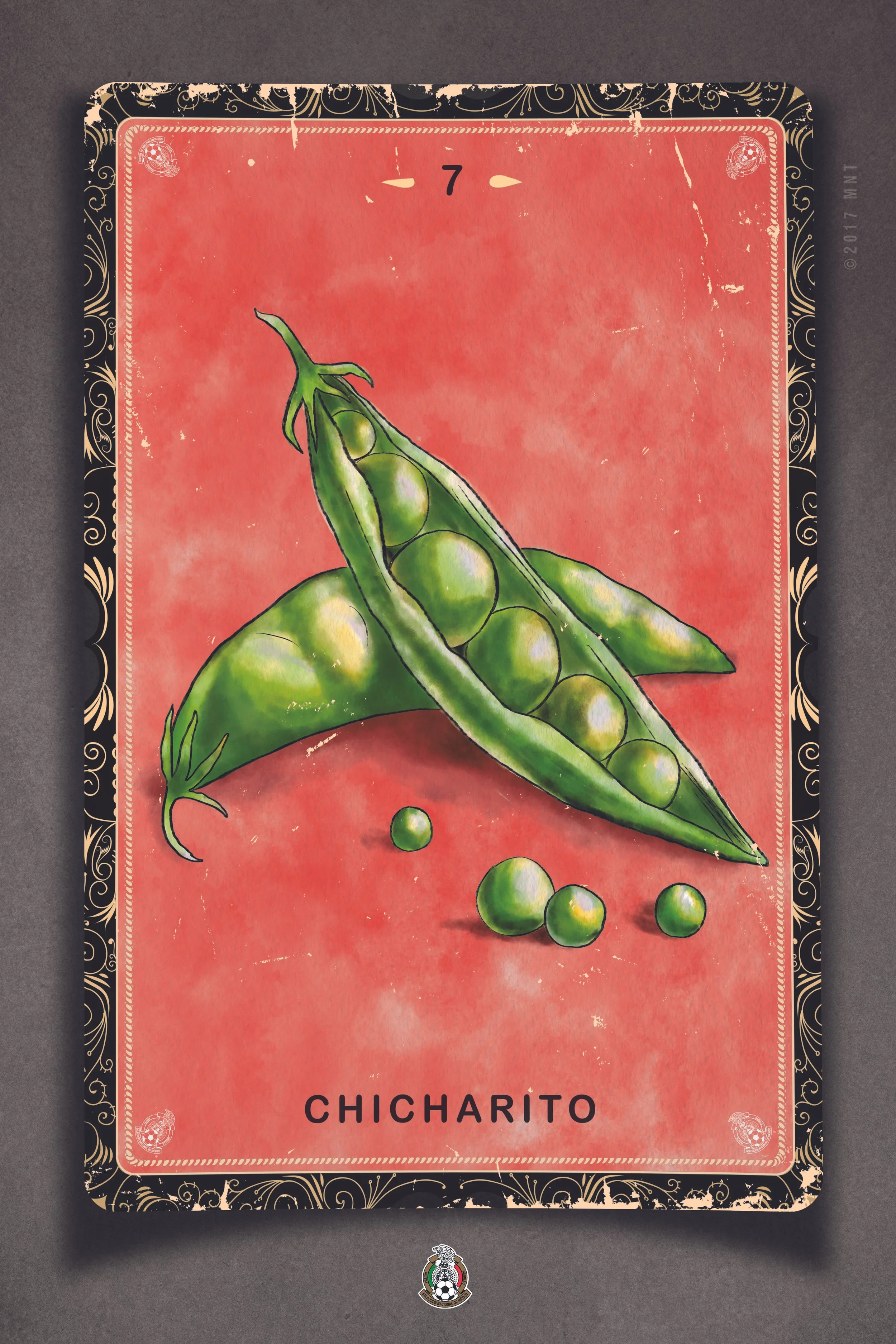 A card featuring an illustration of green chicharito peas in a pod on a pink background, with the word 'CHICHARITO' written at the bottom.