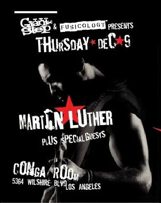 Poster with black background promoting a music event featuring Marilyn Luther and Conea Ryn, presented by Giftology, with event details including date, location in Los Angeles, and highlighting special guests.