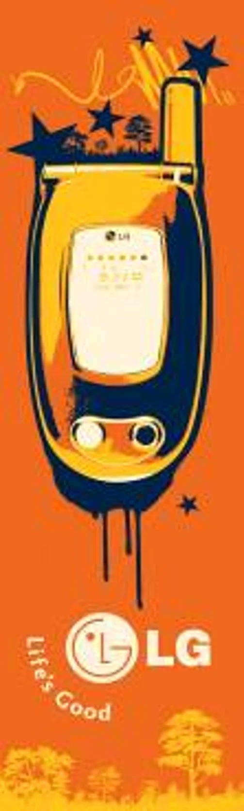 An orange poster with an upside-down phone illustration, stars, and the LG logo. Text reads '#LifeGood' at the bottom.