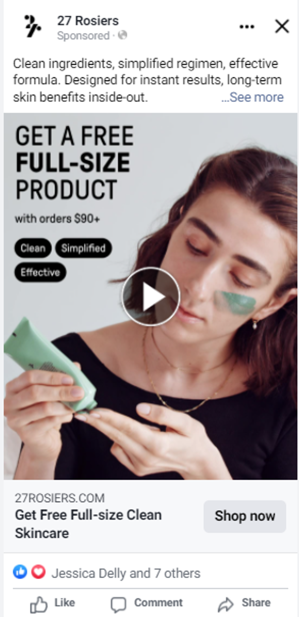 A woman applying skincare cream on her face from a tube, with promotional text for 27 Rosiers skincare, offering a free full-size product with orders over $90.