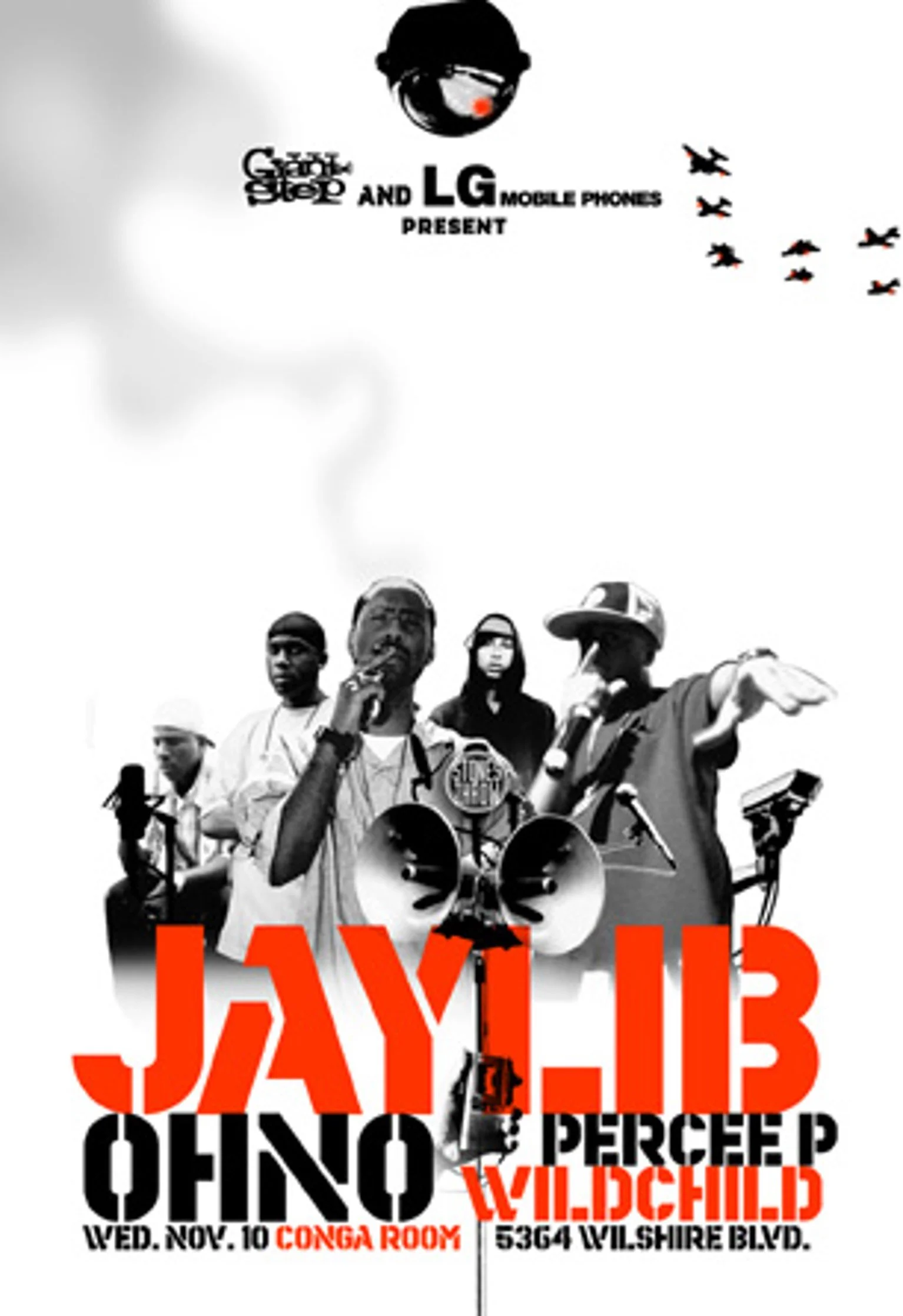 A promotional poster featuring musicians Jay-Lib, Oheno, Percee P, and Wildchild. The poster has a black-and-white photo of the artists, some with microphones, with large red and black text displaying event details, including date, venue, and locatio