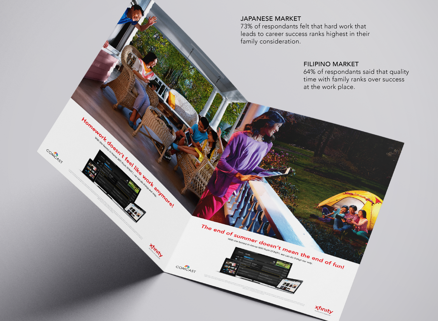 Open magazine spread with content about different cultural markets, including Japanese and Filipino markets, and a promotional advertisement for Xfinity's in-home WiFi. The spread features images of women enjoying outdoor activities and a family sitting on rocks by a tent, with text highlighting work and family experiences.