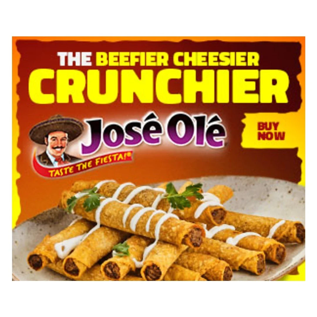 Package of José Olé beef and cheese taquitos with white drizzled sauce and cilantro garnish on a ceramic plate