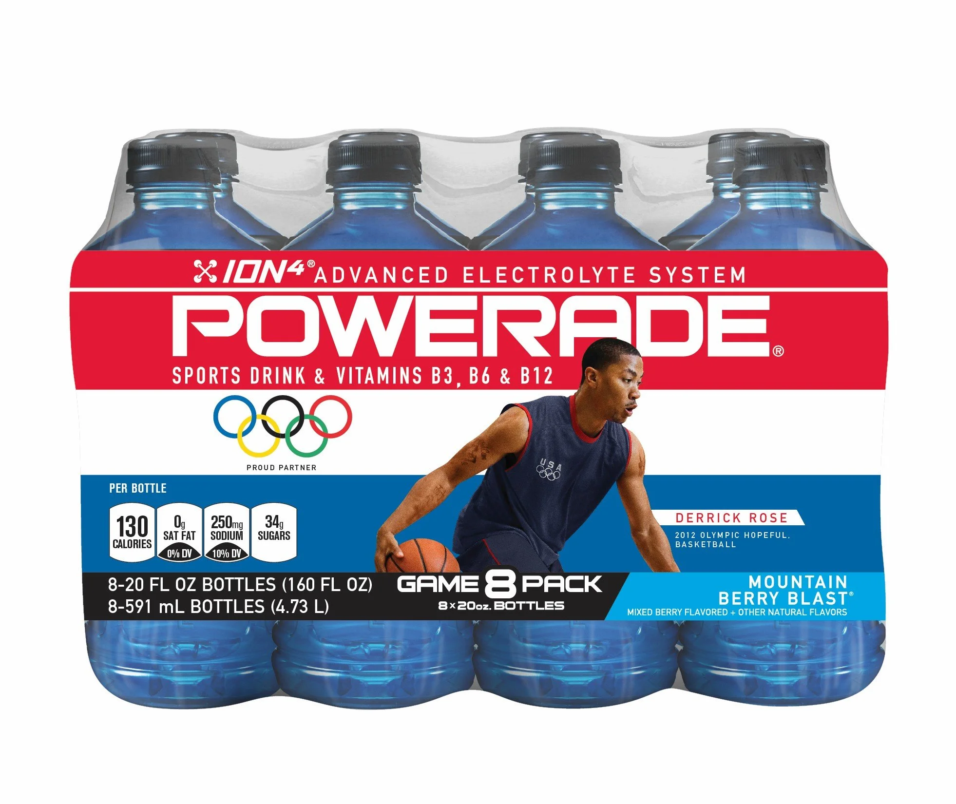 A pack of Powerade Mountain Berry Blast sports drinks featuring Olympian Derrick Rose, with bottles in a black plastic pack, 8 bottles of 20 ounces each.