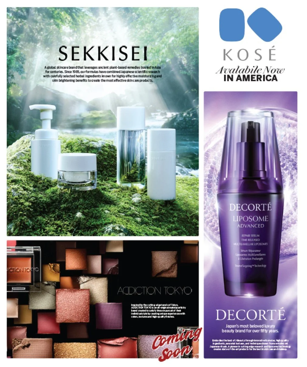 Advertisement featuring three skincare products by Sekkisei, a promotion for Decorté Liposome Advanced serum, and a beauty makeup palette by Addiction Tokyo with a "Coming Soon" label.