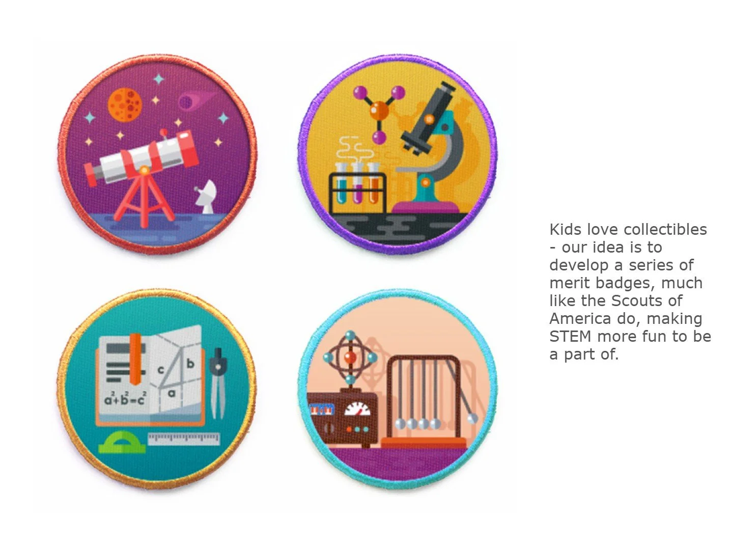 Four colorful merit badges related to STEM activities: a telescope under stars and planets, a microscope with test tubes, a math and physics book with tools, and a Newton's cradle device.