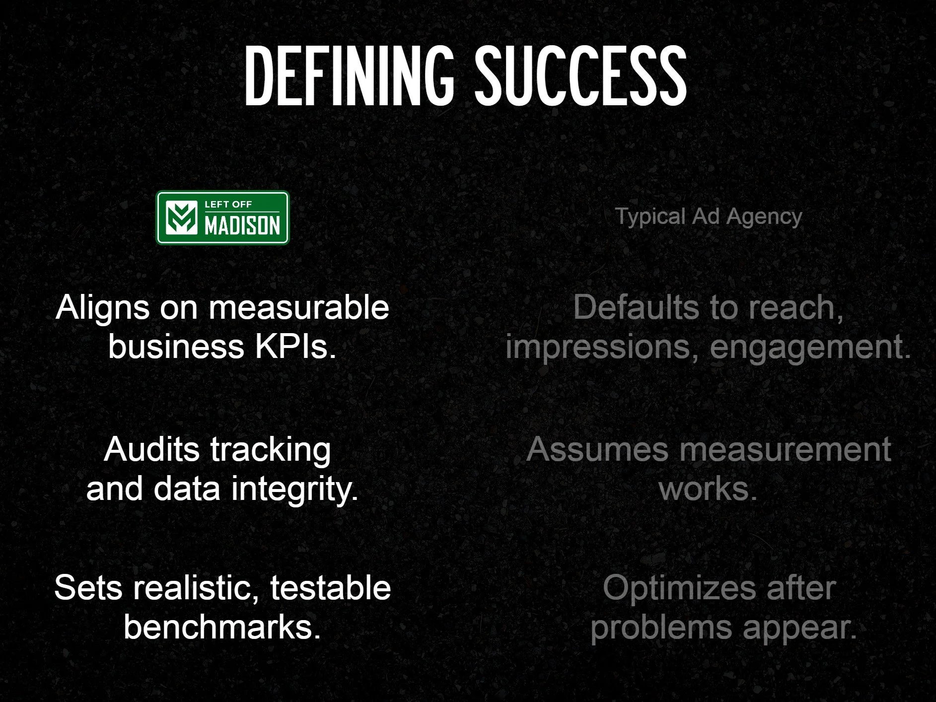 Aligns on measurable business KPIs Audits tracking and data integrity Sets realistic, testable benchmarks