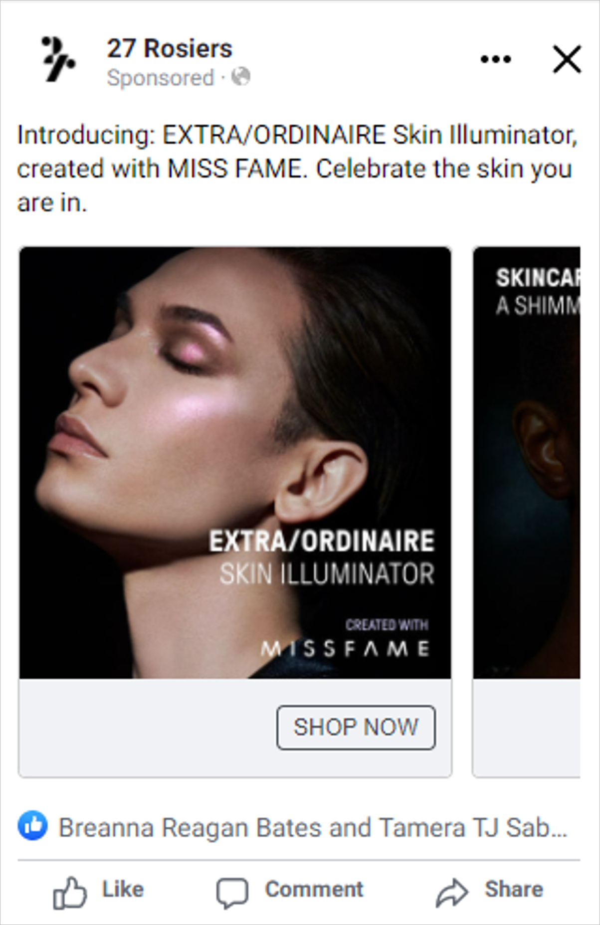 Facebook ad for Extra/Ordinaire Skin Illuminator by Miss Fame, featuring a woman with luminous skin and pink eye makeup against a dark background.