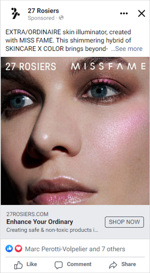 Close-up of a woman's face with pink eyeshadow and pink blush, advertising skincare products from 27 Rosiers and Miss Fame.
