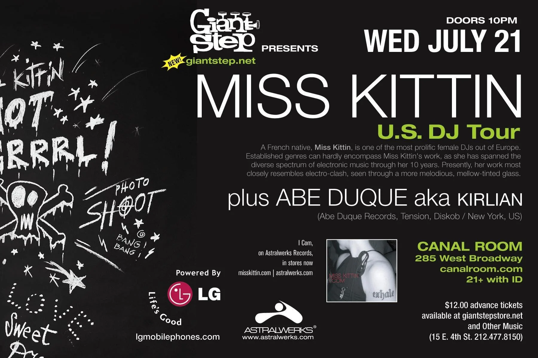 Concert flyer for Miss Kittin U.S. DJ Tour on Wednesday, July 21 at Canal Room, featuring Miss Kittin and Abe Duque aka Kirlian, with event details, sponsor logos, and a small black-and-white photo of Miss Kittin.