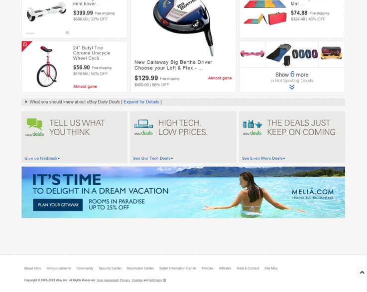 Screenshot of an eBay webpage featuring a variety of items including a Callaway Big Bertha Driver golf club, a red and white balance bike, and a puzzle game set. There are also promotional banners for vacation deals in the bottom section.