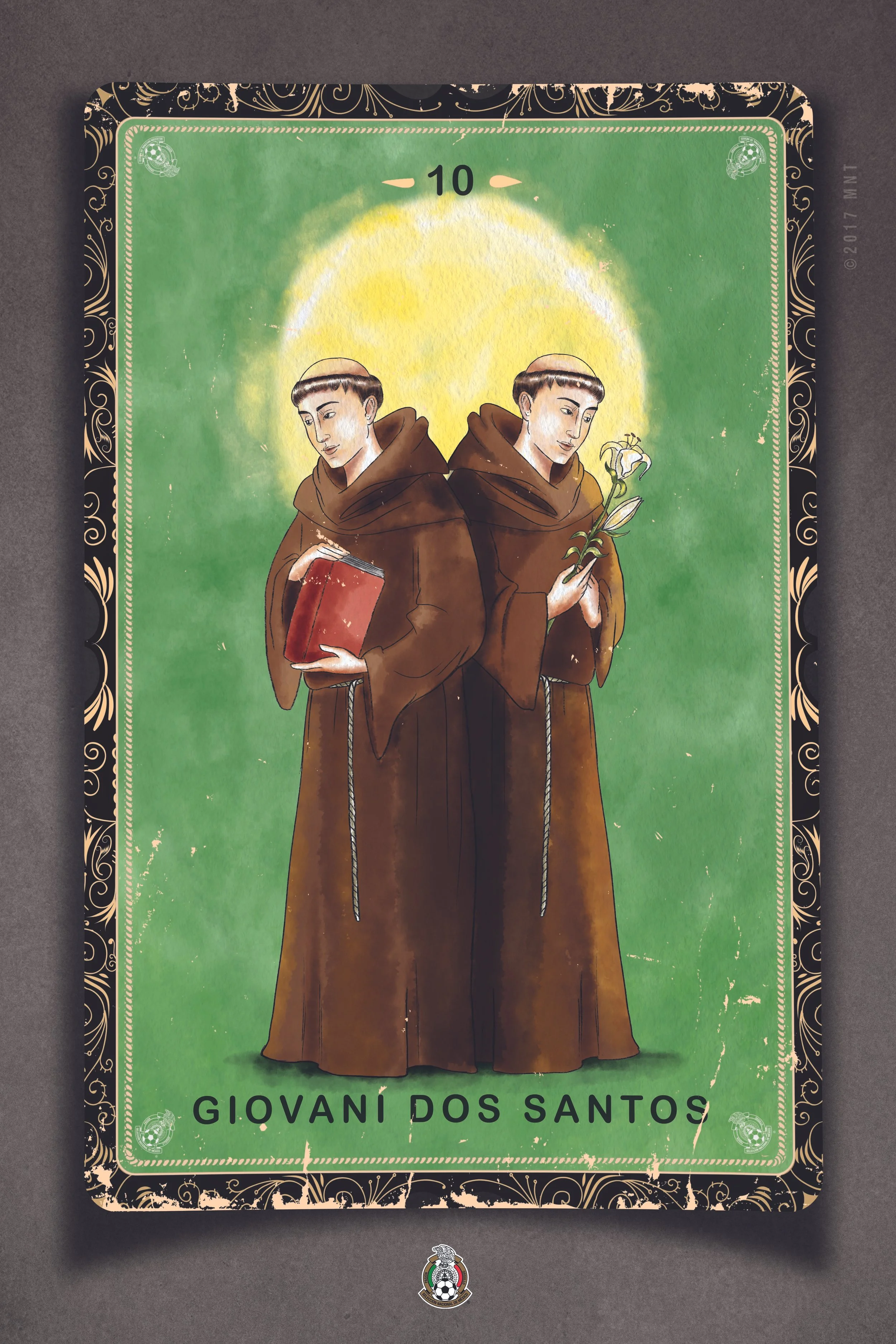 Illustration of two monks standing back to back, each holding a different object. The monk on the left holds a closed red book, and the monk on the right holds a white flower. There is a glowing yellow halo behind their heads, set against a green bac