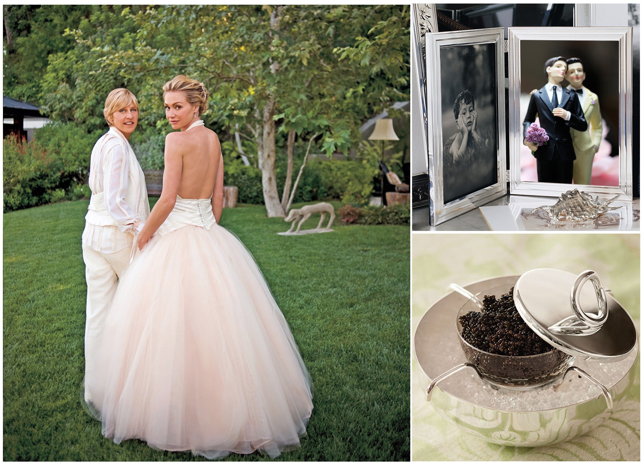 Three images: the left shows a woman in a strapless, pastel pink gown with a full tulle skirt, standing outside in a garden with another woman in white. The top right shows a silver-framed photo display with a black and white photo of a child on the 