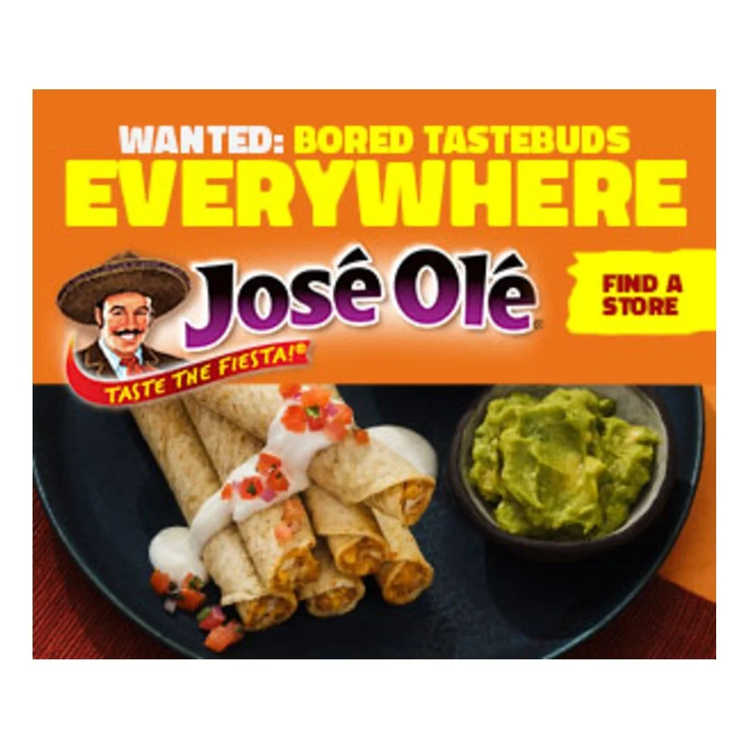 Packaging of Jose Ole taquitos with guacamole and sour cream on a plate