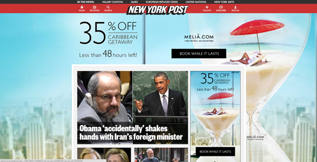 Screenshot of a news website page featuring an advertisement for a Caribbean getaway with 35% off, a large hourglass with a beach scene and a red umbrella, and a news headline about President Obama shaking hands with Iran's foreign minister.