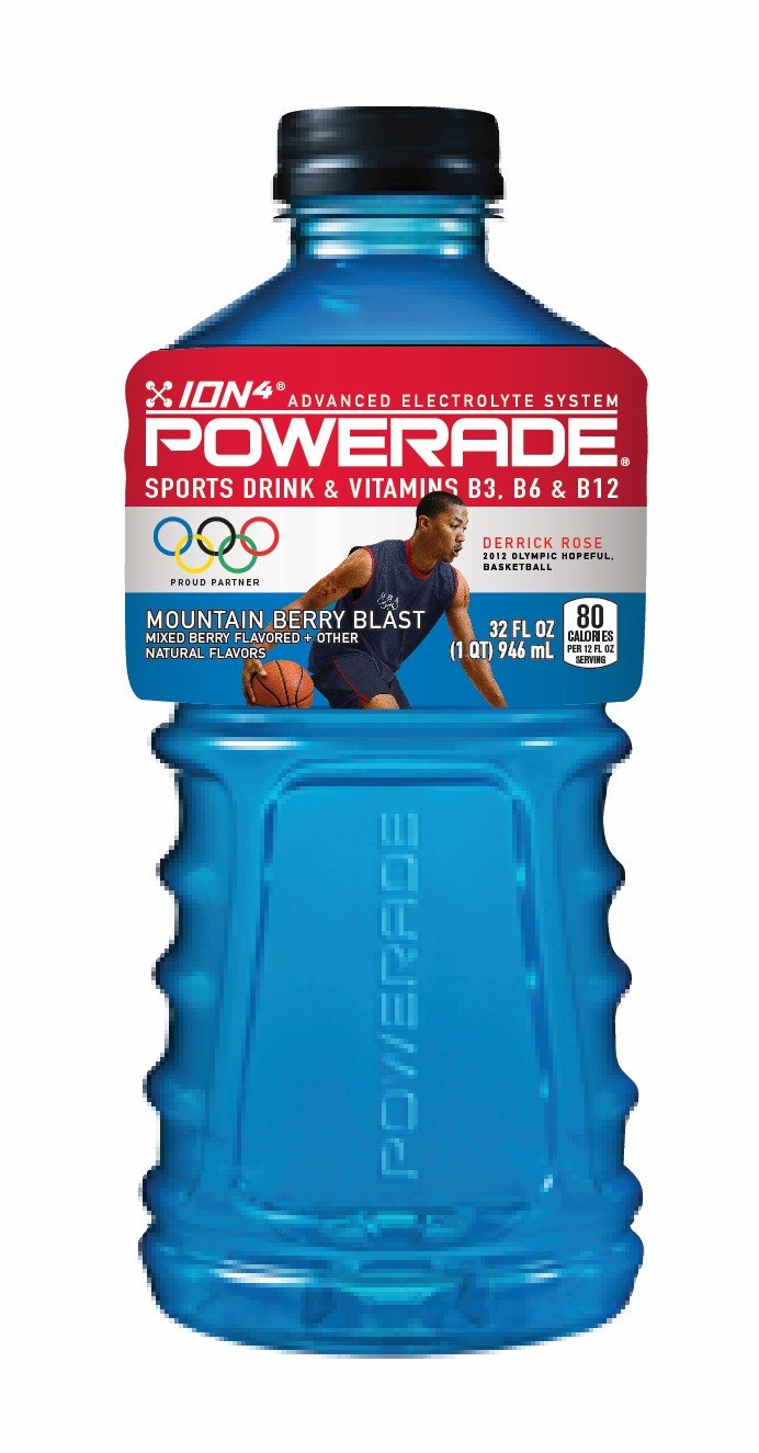 Blue Powerade sports drink bottle with red label featuring a basketball player and Olympic rings logo.