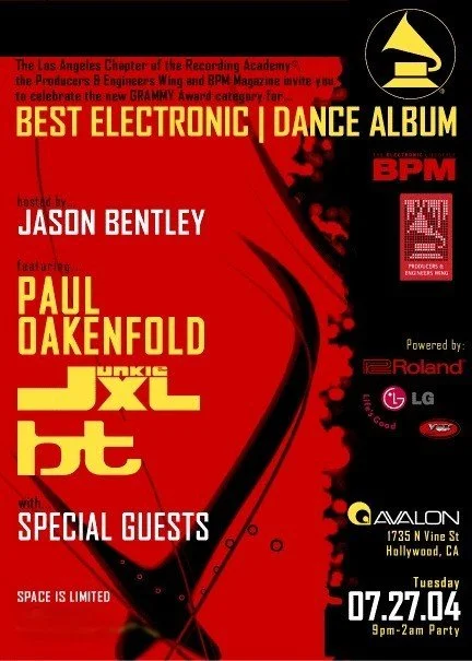 Red and black concert flyer for Best Electronic Dance Album at the Grammy Awards, hosted by Jason Bentley with special guests Paul Oakenfold and JXL. Features logos for BPM, Roland, LG, Avalon. Event at Avalon in Hollywood, California on July 27, 200