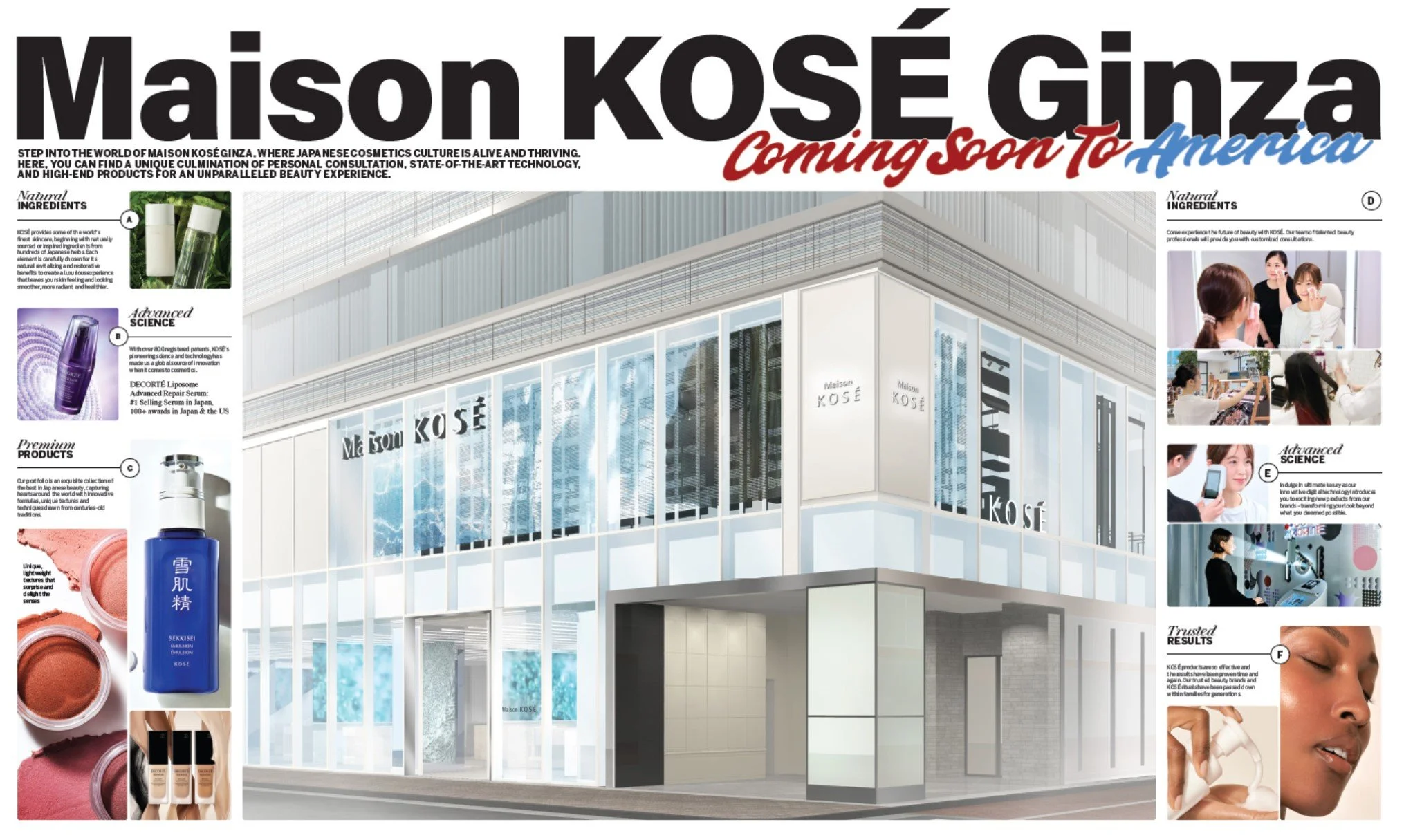 Artwork of a modern, multi-story building with large glass windows Shanghai the brand name Maison Kosé. The image promotes the grand opening of Maison Kosé in America with text highlighting the brand's high-quality ingredients and advanced science in