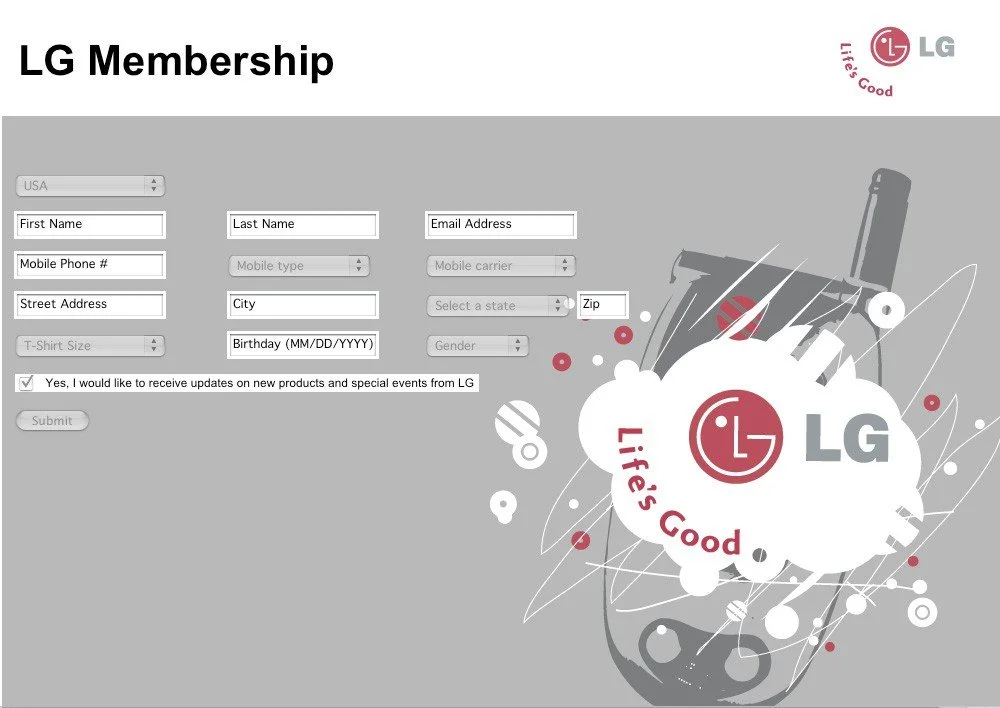 LG membership form with fields for personal info, address, mobile, birthday, gender, and options to receive updates, featuring LG logos and a graphic of a smartphone on a grey background.